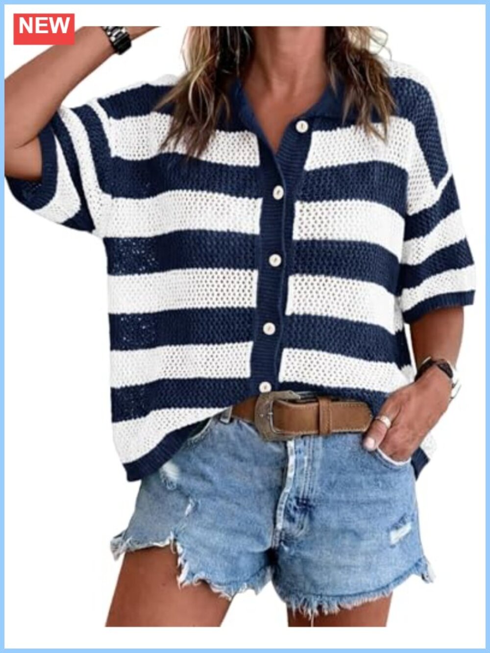 Striped Crochet Cardigan Button Up Batwing Half Sleeve Loose Knit Top
